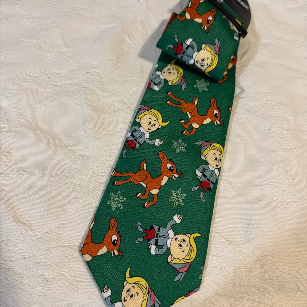 Rudolph Green Elf Character Tie Christmas Holiday Made in Korea Polyester